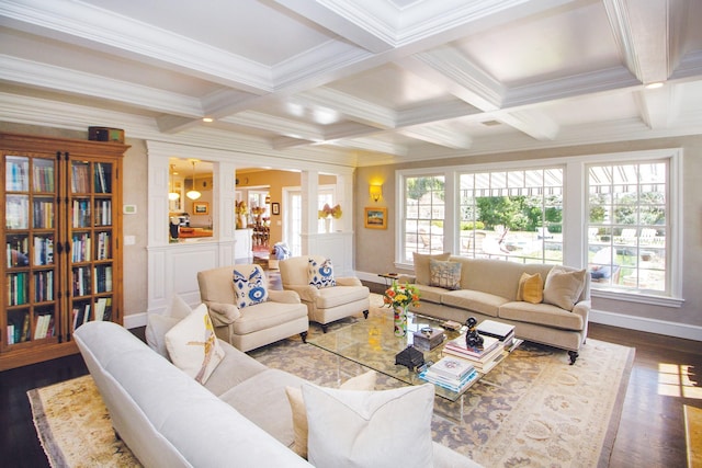 31 Paquatuck Ave, East Moriches, NY 11940 - living room with decorative columns, a healthy amount of sunlight, ornamental molding, and baseboards