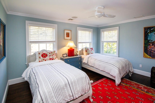 31 Paquatuck Ave, East Moriches, NY 11940 - bedroom featuring crown molding, a ceiling fan, visible vents, baseboards, and wood finished floors