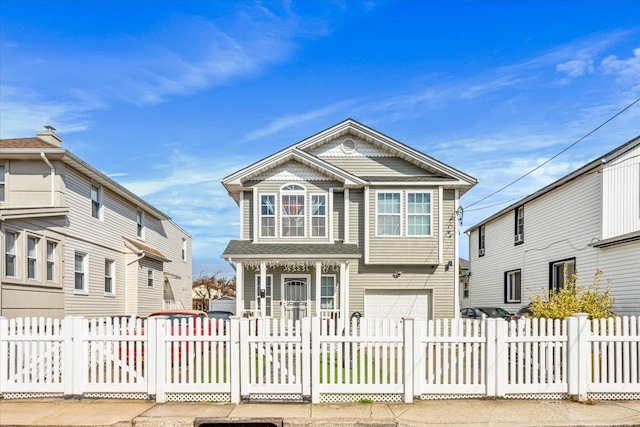 view of front of property featuring a fenced front yard and an attached garage