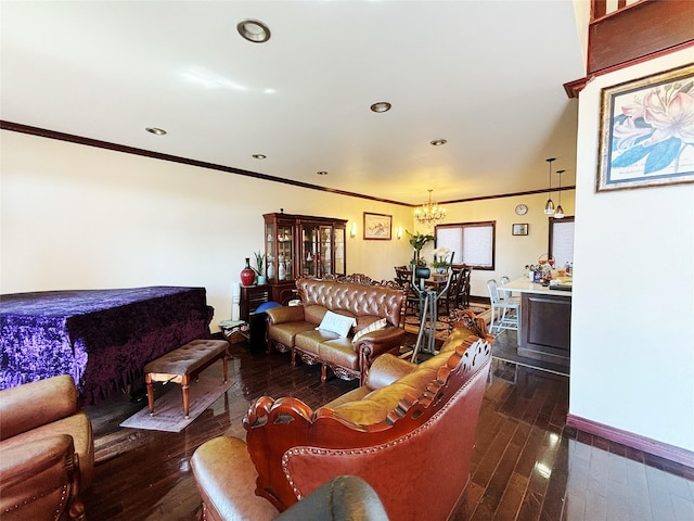 300 Ellen Pl, Oyster Bay, NY 11753 - living area with crown molding, a chandelier, dark wood finished floors, recessed lighting, and baseboards