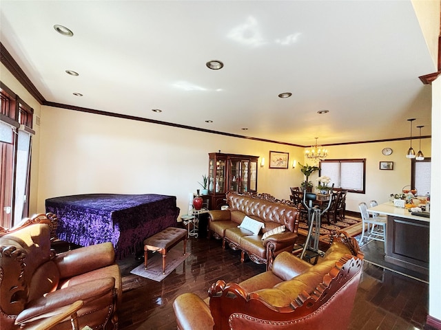 300 Ellen Pl, Oyster Bay, NY 11753 - living room with an inviting chandelier, recessed lighting, crown molding, and hardwood / wood-style floors