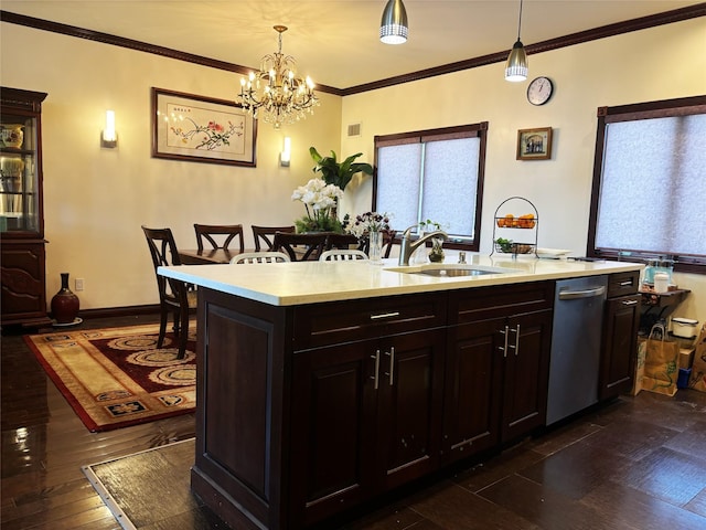300 Ellen Pl, Oyster Bay, NY 11753 - kitchen featuring decorative light fixtures, stainless steel dishwasher, light countertops, a chandelier, and dark wood-type flooring