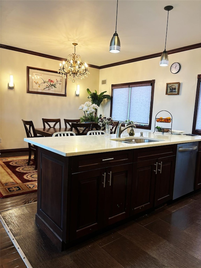 300 Ellen Pl, Oyster Bay, NY 11753 - kitchen featuring a sink, light countertops, stainless steel dishwasher, and dark wood-style flooring