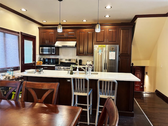 300 Ellen Pl, Oyster Bay, NY 11753 - kitchen with a center island with sink, light countertops, a sink, exhaust hood, and stainless steel appliances