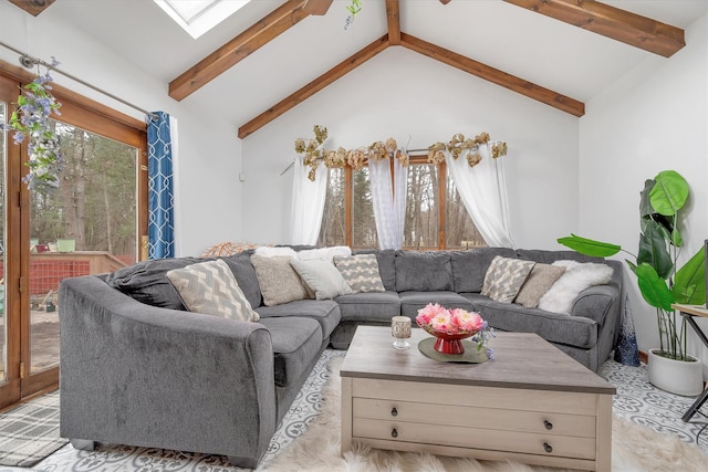 living room with high vaulted ceiling, beamed ceiling, and light wood-type flooring