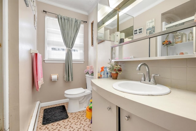 bathroom with a baseboard heating unit, toilet, baseboards, decorative backsplash, and ornamental molding