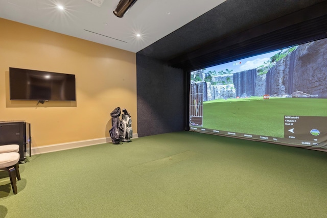 playroom featuring recessed lighting, golf simulator, baseboards, and carpet floors