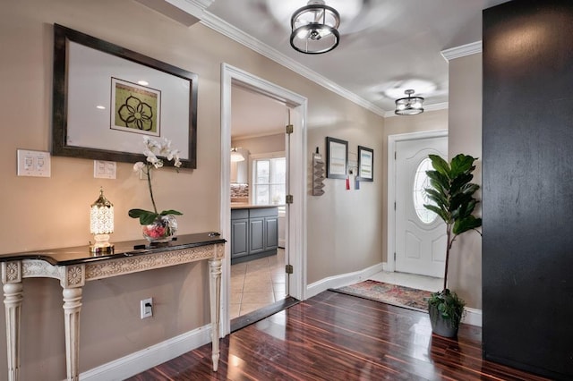 63 Bucket Ln, Levittown, NY 11756 - entryway with baseboards, ornamental molding, and light wood-type flooring