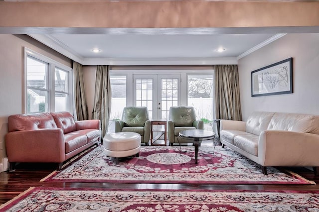 63 Bucket Ln, Levittown, NY 11756 - living area with crown molding, french doors, wood finished floors, and recessed lighting