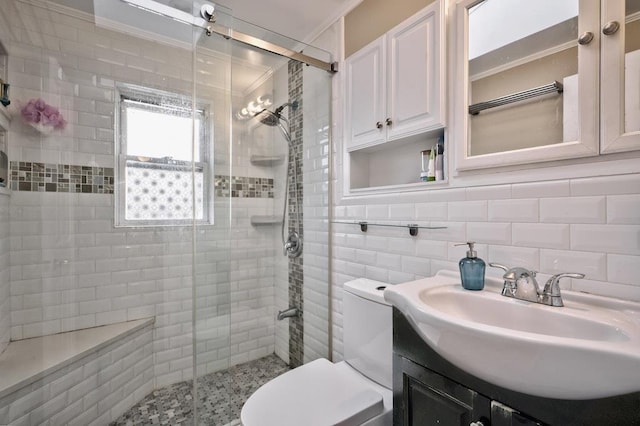 63 Bucket Ln, Levittown, NY 11756 - full bath featuring a shower stall, toilet, vanity, and ornamental molding