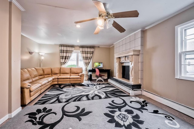 63 Bucket Ln, Levittown, NY 11756 - living room featuring carpet floors, baseboards, ornamental molding, and plenty of natural light