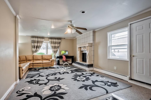 63 Bucket Ln, Levittown, NY 11756 - living area with plenty of natural light, crown molding, baseboards, and a ceiling fan