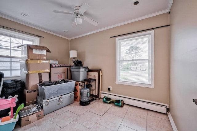 63 Bucket Ln, Levittown, NY 11756 - storage area featuring a baseboard heating unit and ceiling fan