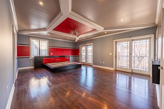unfurnished bedroom with crown molding, coffered ceiling, baseboards, access to exterior, and wood finished floors