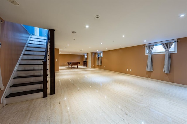below grade area with stairs, billiards, baseboards, and recessed lighting