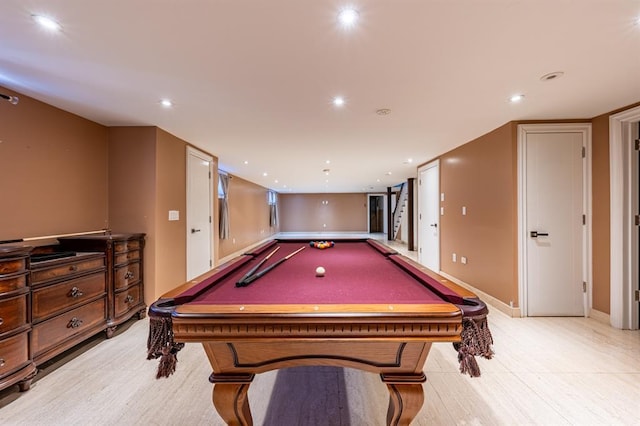 recreation room featuring baseboards, pool table, and recessed lighting