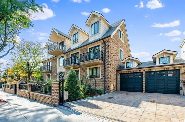 view of front of house featuring brick siding, driveway, and a garage