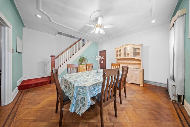 87 E 32nd St, Brooklyn, NY 11226 - dining space featuring radiator heating unit, attic access, ceiling fan, baseboards, and recessed lighting