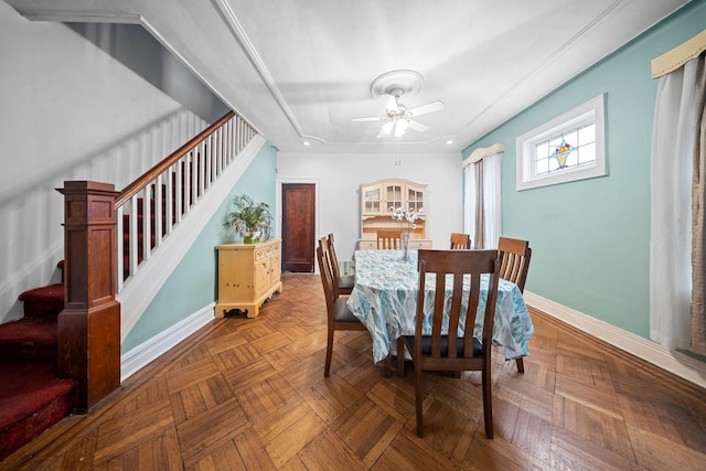 87 E 32nd St, Brooklyn, NY 11226 - dining room with stairway, ceiling fan, baseboards, and recessed lighting