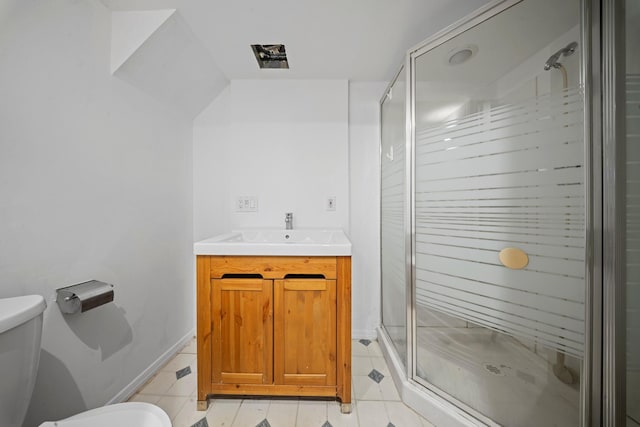 87 E 32nd St, Brooklyn, NY 11226 - bathroom with toilet, tile patterned floors, a stall shower, vanity, and baseboards