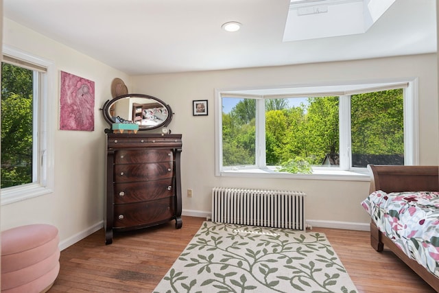 bedroom with multiple windows, wood finished floors, and radiator