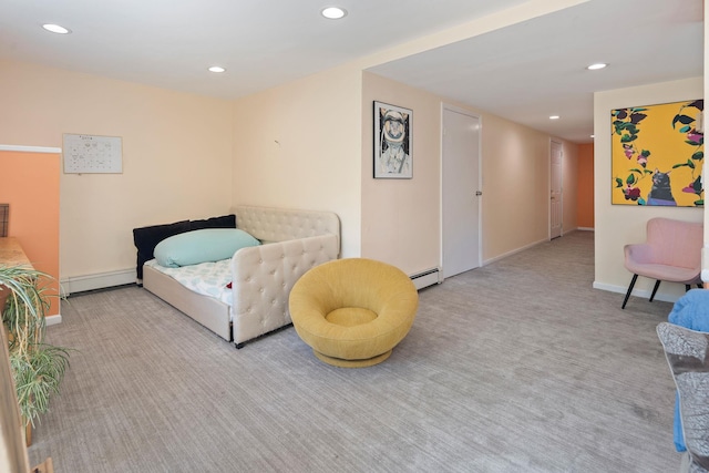carpeted bedroom featuring recessed lighting, a baseboard radiator, and baseboards
