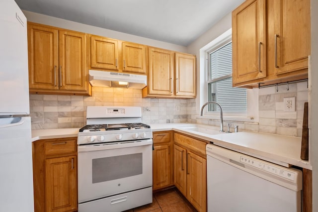 338 Hendrix St, Brooklyn, NY 11207 - kitchen with decorative backsplash, under cabinet range hood, a sink, and white appliances