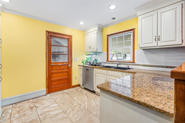 kitchen with a sink, decorative backsplash, ornamental molding, light stone counters, and stainless steel dishwasher