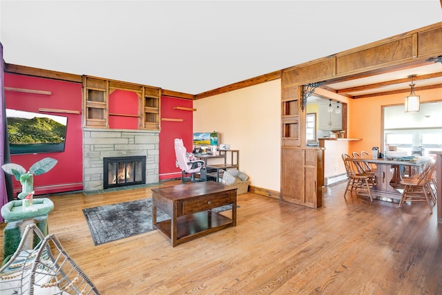 living room featuring a fireplace, wood finished floors, ornamental molding, and baseboards