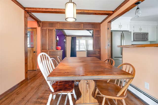 dining area with beam ceiling, wood finished floors, and baseboards