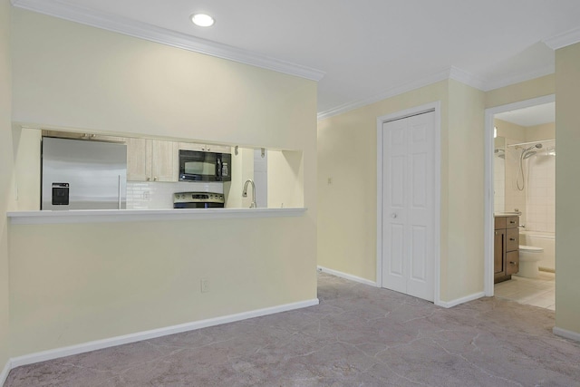 500 Pondside Dr Unit 2E, White Plains, NY 10607 - kitchen featuring stainless steel refrigerator with ice dispenser, black microwave, carpet floors, range, and ornamental molding