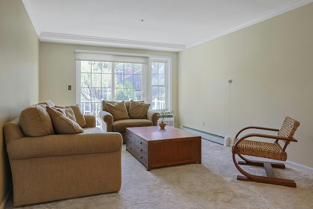 500 Pondside Dr Unit 2E, White Plains, NY 10607 - living room with a baseboard heating unit, light colored carpet, and crown molding