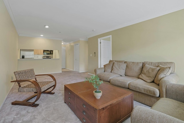 500 Pondside Dr Unit 2E, White Plains, NY 10607 - living area featuring light colored carpet, crown molding, baseboards, and recessed lighting