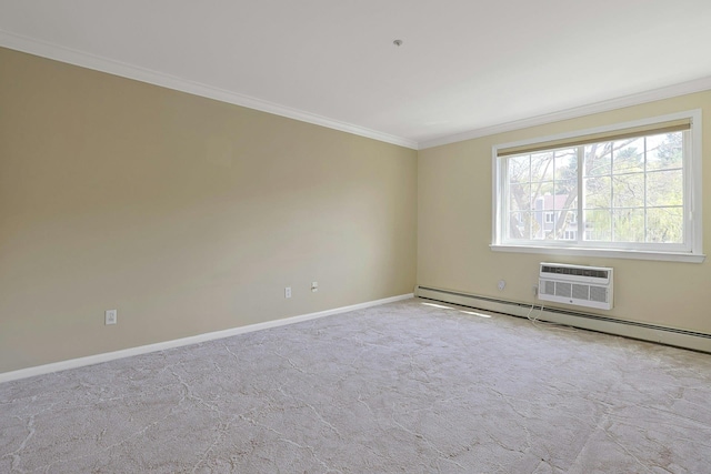 500 Pondside Dr Unit 2E, White Plains, NY 10607 - unfurnished room featuring ornamental molding, baseboards, a wall mounted air conditioner, carpet flooring, and a baseboard heating unit