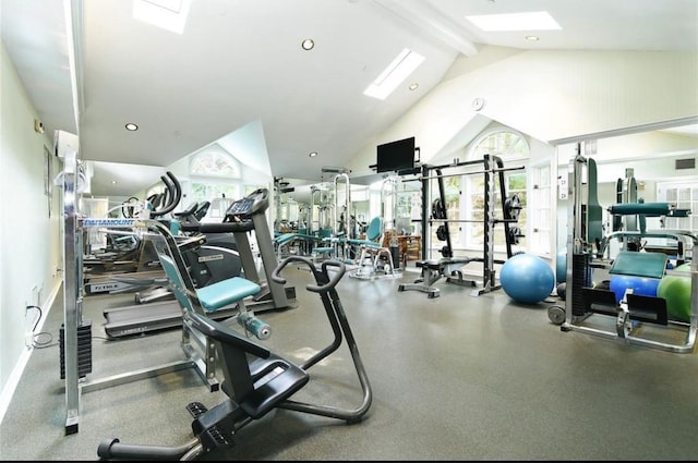 500 Pondside Dr Unit 2E, White Plains, NY 10607 - workout area featuring beam ceiling, a skylight, and high vaulted ceiling