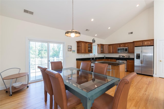 19 Old Bulls Head Rd, Rhinebeck, NY 12572 - dining room featuring light wood-style floors, recessed lighting, and high vaulted ceiling