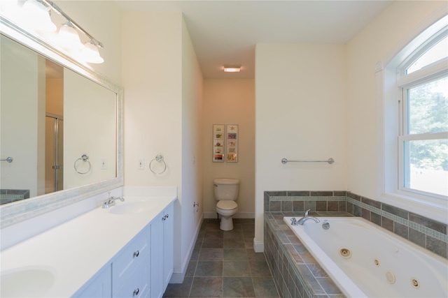 19 Old Bulls Head Rd, Rhinebeck, NY 12572 - full bathroom with toilet, a tub with jets, double vanity, baseboards, and tile patterned flooring
