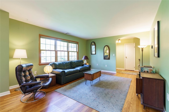 49 Lorraine Dr, Rhinebeck, NY 12572 - living room featuring arched walkways, light wood-style floors, and baseboards