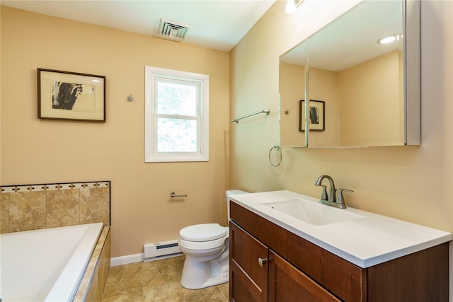 49 Lorraine Dr, Rhinebeck, NY 12572 - full bathroom with a baseboard radiator, baseboards, a garden tub, toilet, and vanity