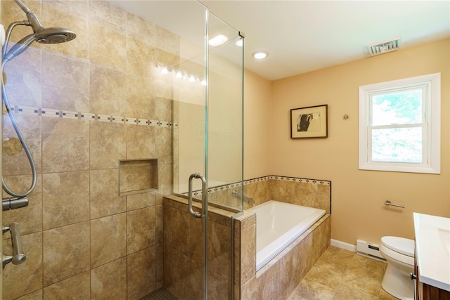 49 Lorraine Dr, Rhinebeck, NY 12572 - bathroom featuring a baseboard heating unit, a garden tub, a shower stall, toilet, and baseboards