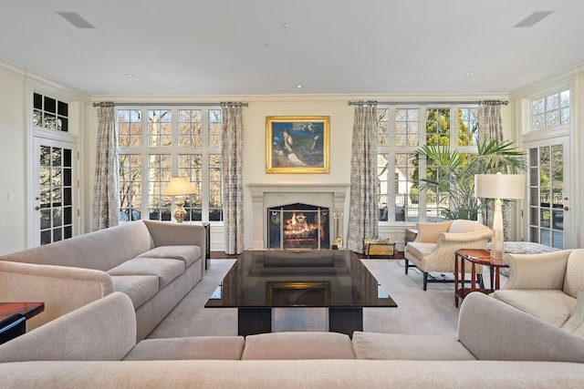 24 Penwood Rd, Bedford Corners, NY 10549 - living room featuring crown molding and a premium fireplace