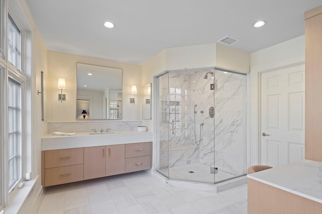 24 Penwood Rd, Bedford Corners, NY 10549 - bathroom with a marble finish shower, vanity, and recessed lighting