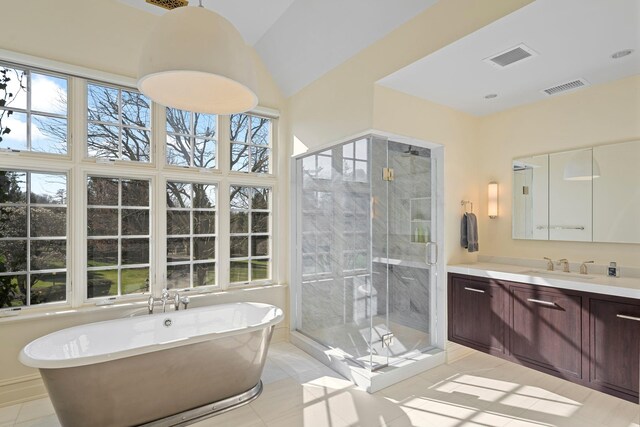 24 Penwood Rd, Bedford Corners, NY 10549 - bathroom featuring a freestanding tub, vanity, visible vents, and a stall shower