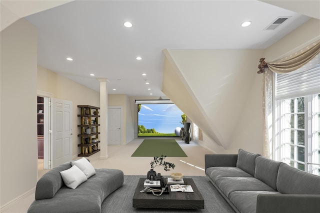 24 Penwood Rd, Bedford Corners, NY 10549 - carpeted living room with visible vents, baseboards, decorative columns, and recessed lighting