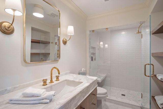 24 Penwood Rd, Bedford Corners, NY 10549 - bathroom with a shower stall, vanity, ornamental molding, visible vents, and toilet