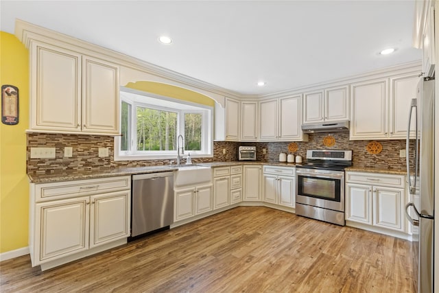kitchen featuring under cabinet range hood, a sink, light wood-style flooring, backsplash, and stainless steel appliances