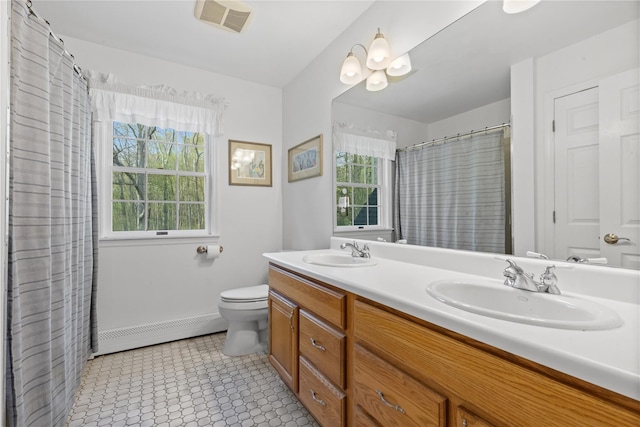 bathroom with toilet, visible vents, a sink, and a baseboard radiator