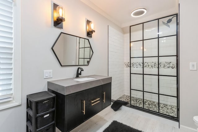 bathroom with a shower stall, vanity, toilet, and wood finished floors