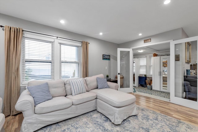 living area with wood finished floors and recessed lighting