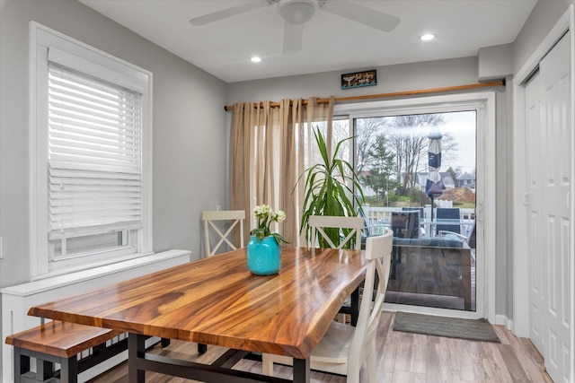dining room featuring light wood-style floors, recessed lighting, and a ceiling fan